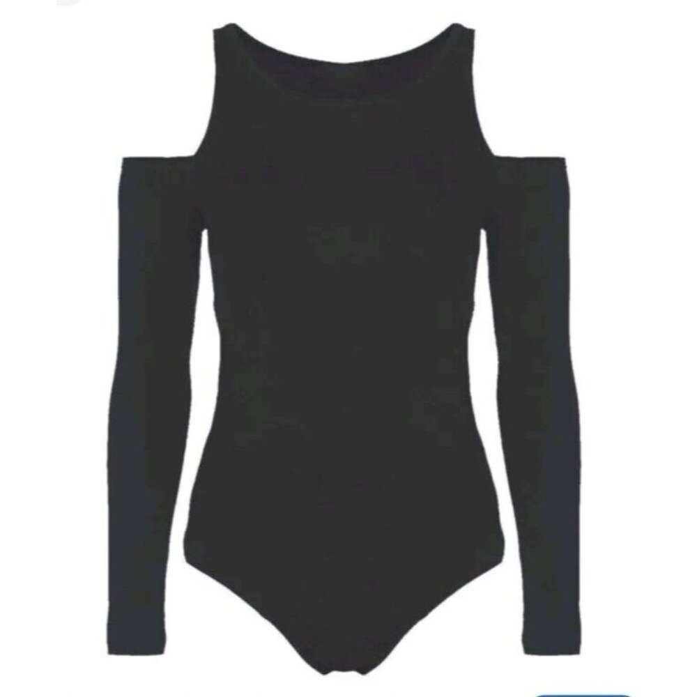 Vintage Moda Int Bodysuit Large black Cold Shoulder- Long Sleeve Made USA